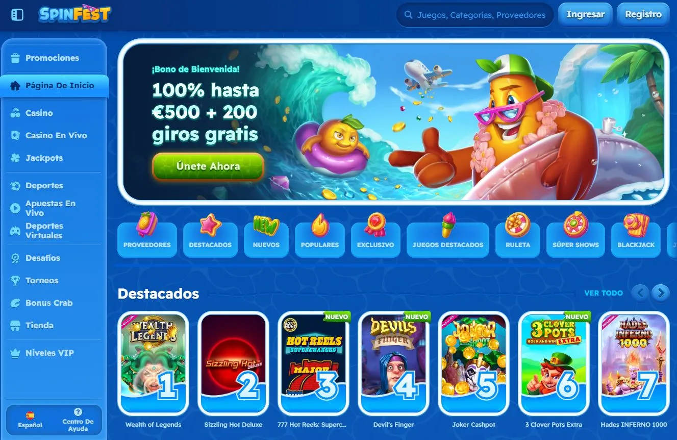 Página de inicio de SpinFest Casino con las mejores ofertas de bienvenida